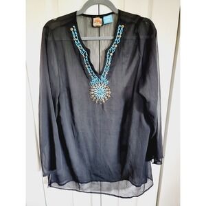 Look Nazaar L Swim Cover Sheer Top Women's Beaded L/S‎ V-Neck India NWOT
